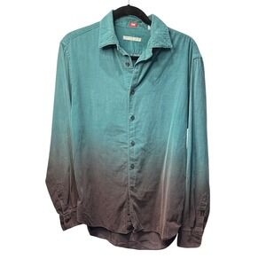 Consumers Guide Mens Teal Ombre Dip Dye Corduroy Button Down Shirt Size Medium